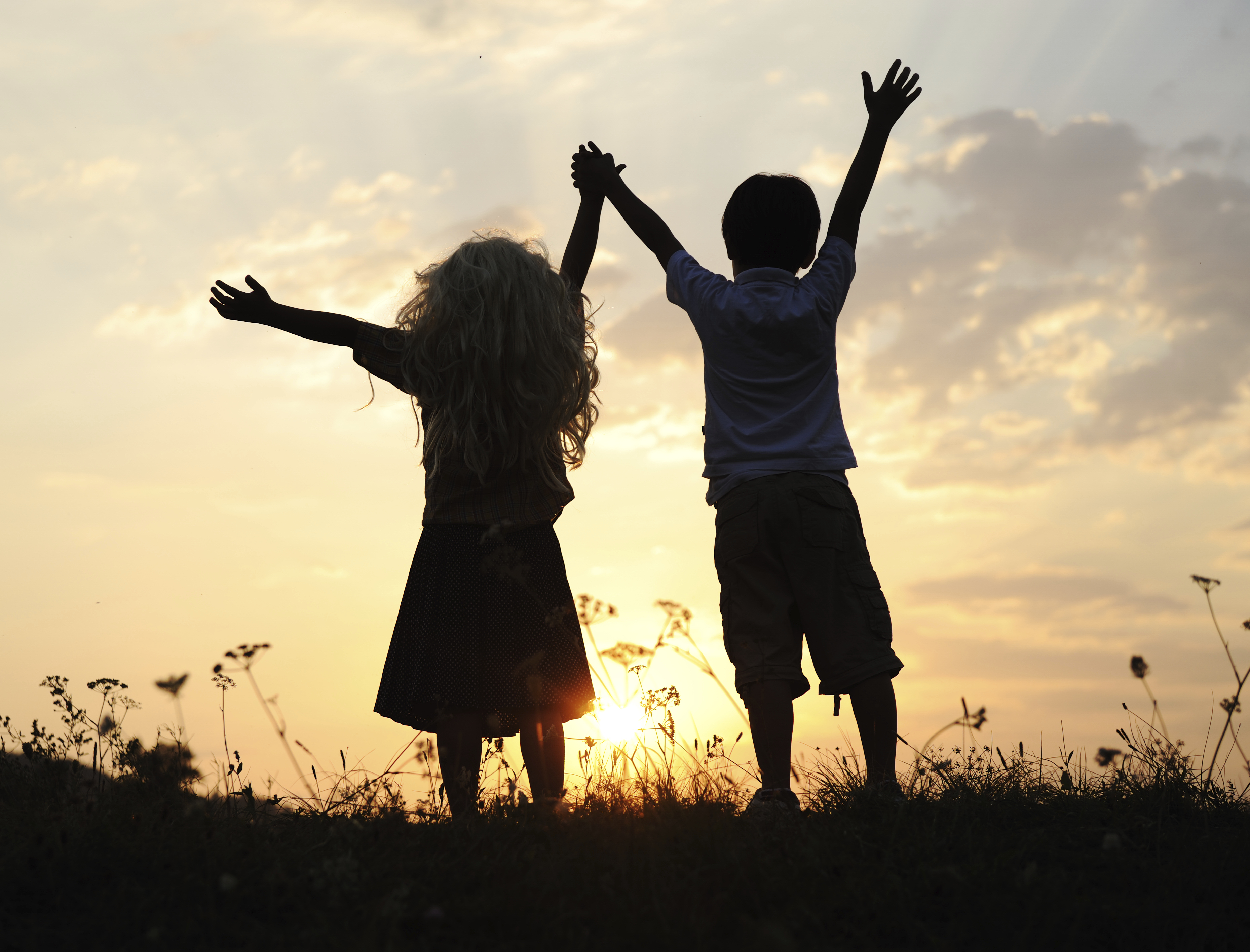 Silhouette, group of happy children playing on meadow, sunset, summertime